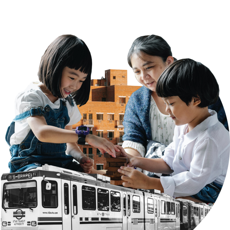Collage image of hildren playing with caretaker in front of apartment building with an image of a city train at the bottom