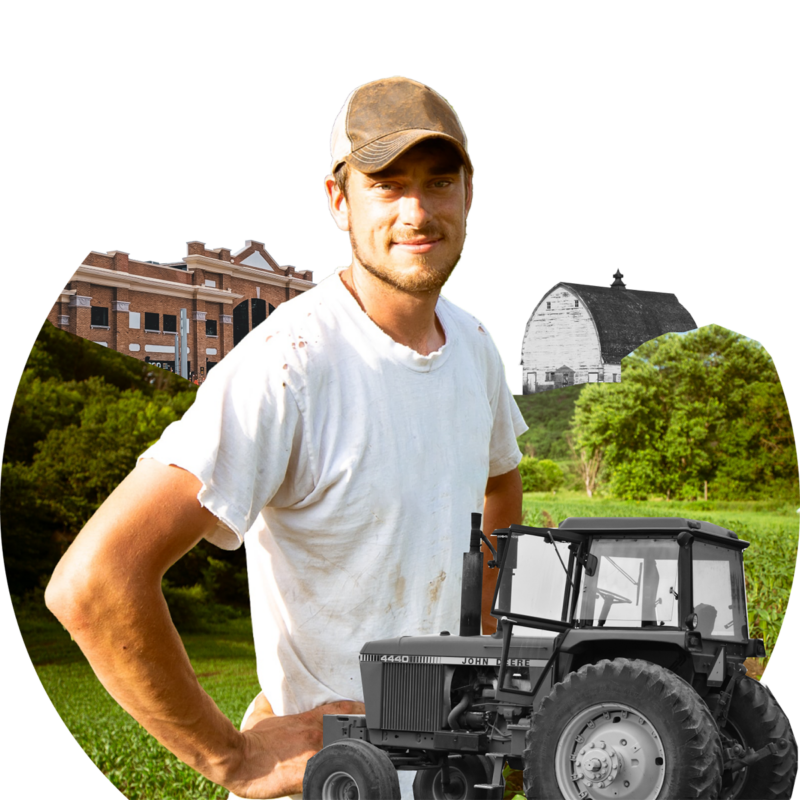 Collage image of a farmer standing in front of a field with a tractor, barn, and small town building